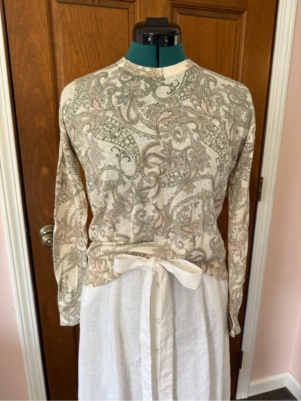Lauren Ralph Lauren Pastel Paisley Cotton Linen Long Sleeve Crewneck Knit xs